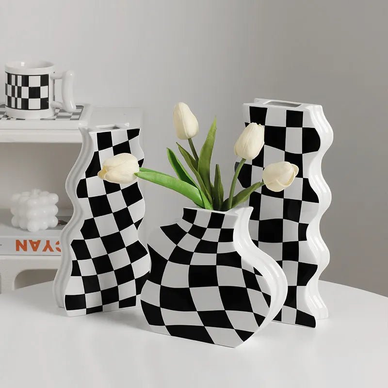 Black and White Ceramic Chequerboard Vase - The House Of BLOC