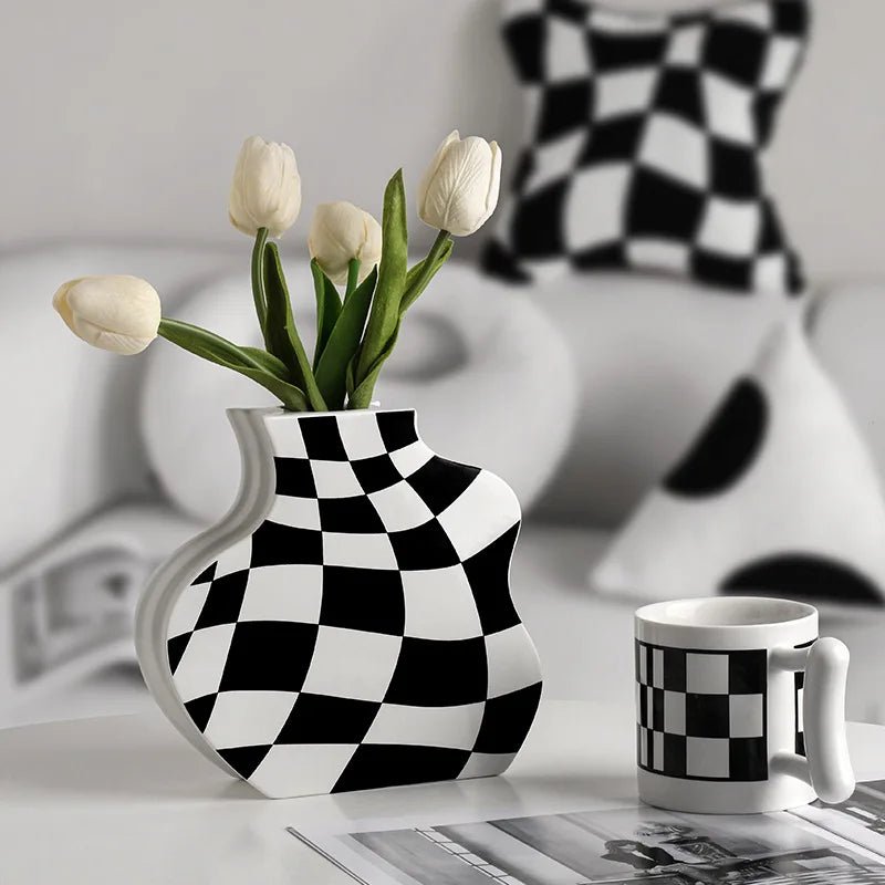 Black and White Ceramic Chequerboard Vase - The House Of BLOC