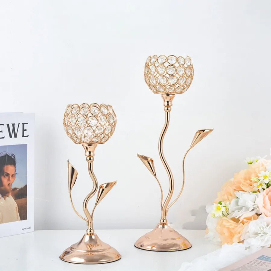 Golden Crystal Flower Shape Candlestick Holder Set - The House Of BLOC