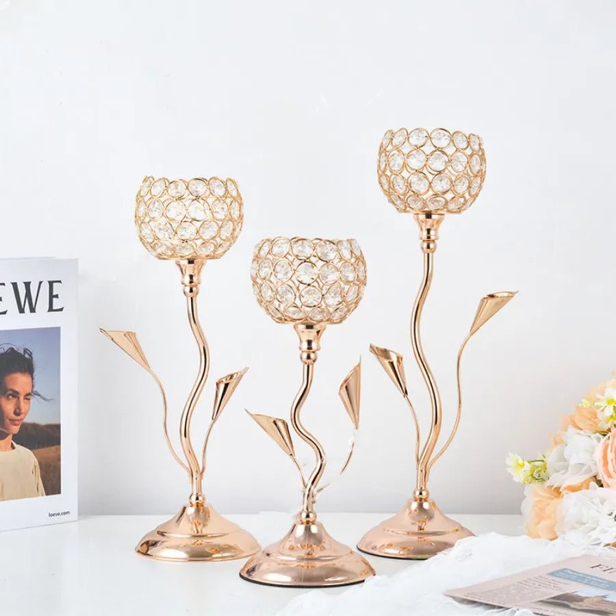 Golden Crystal Flower Shape Candlestick Holder Set - The House Of BLOC