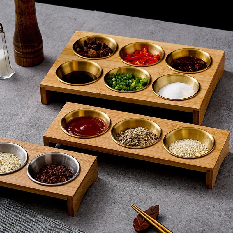 Stainless Steel Dip Bowls On Bamboo Display Serving Tray - The House Of BLOC